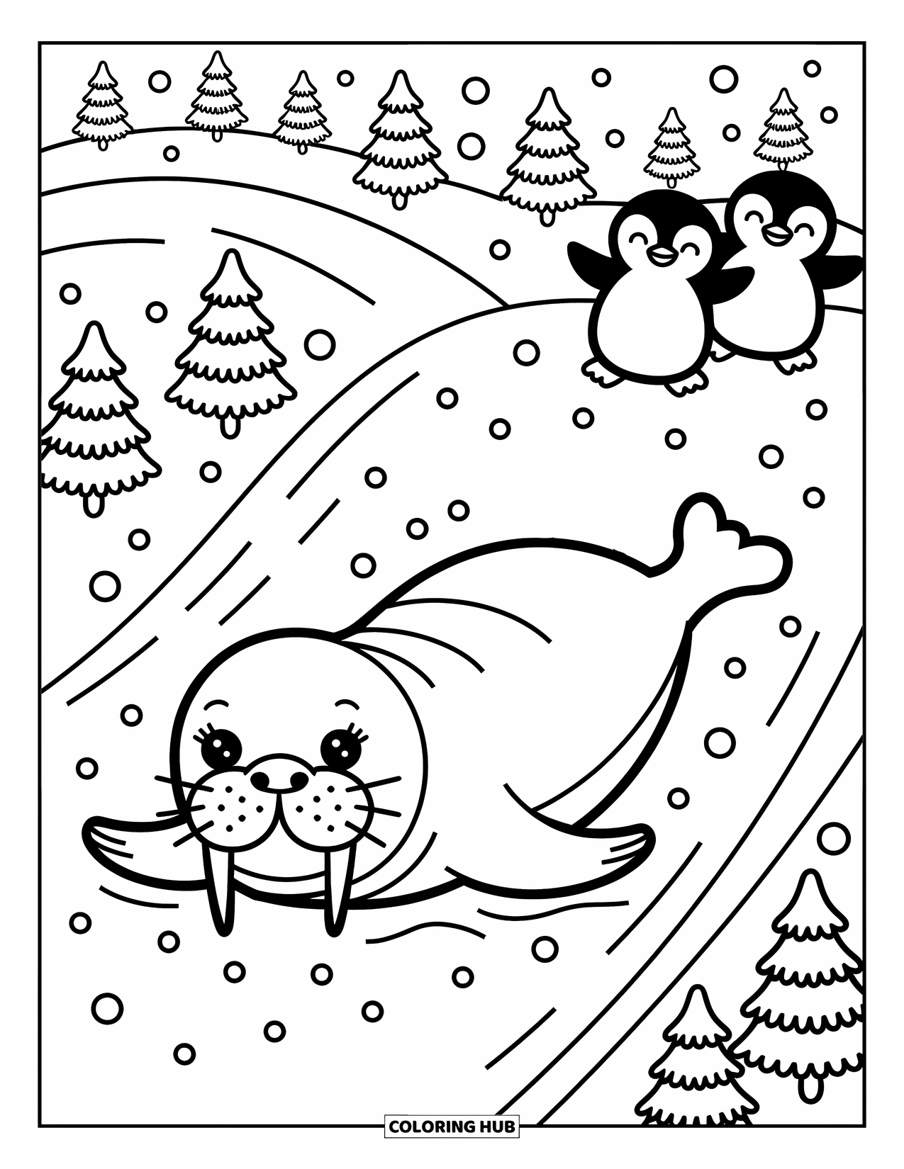 Walrus Coloring Page for Adults: Walrus joyfully slides down snowy hills with penguins and swirling snowflakes