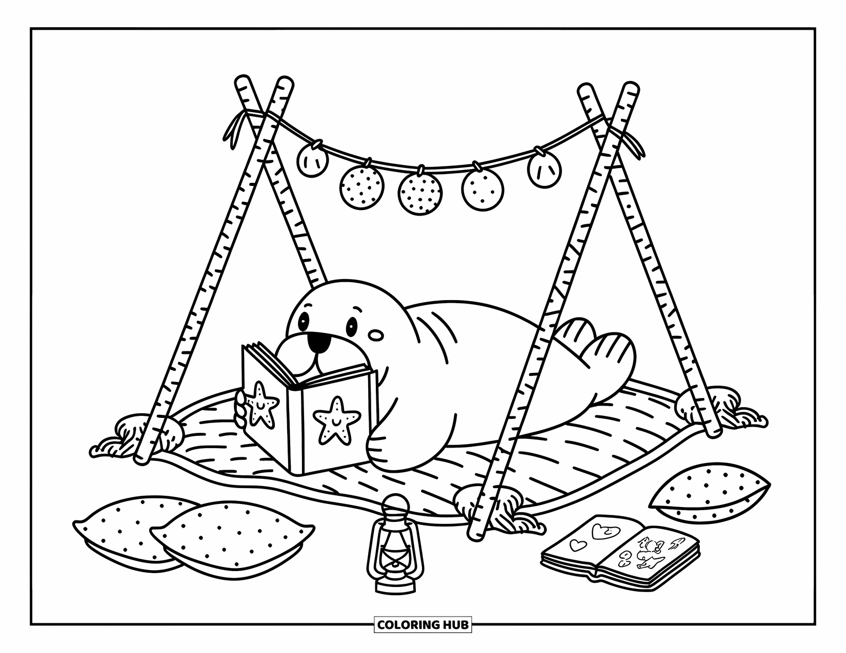 Walrus Coloring Page for Adults: Walrus lies inside a blanket fort reading a starfish book with cozy pillows