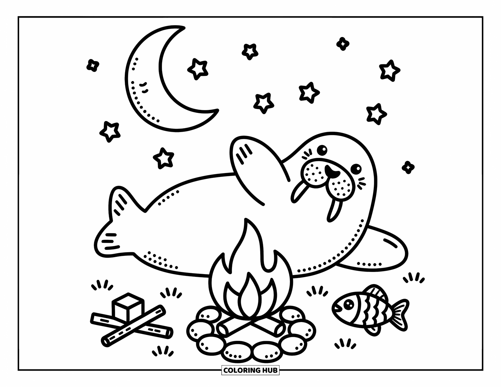 Walrus Coloring Page for Adults: Walrus lies on its back by a campfire, gazing at the moon and stars