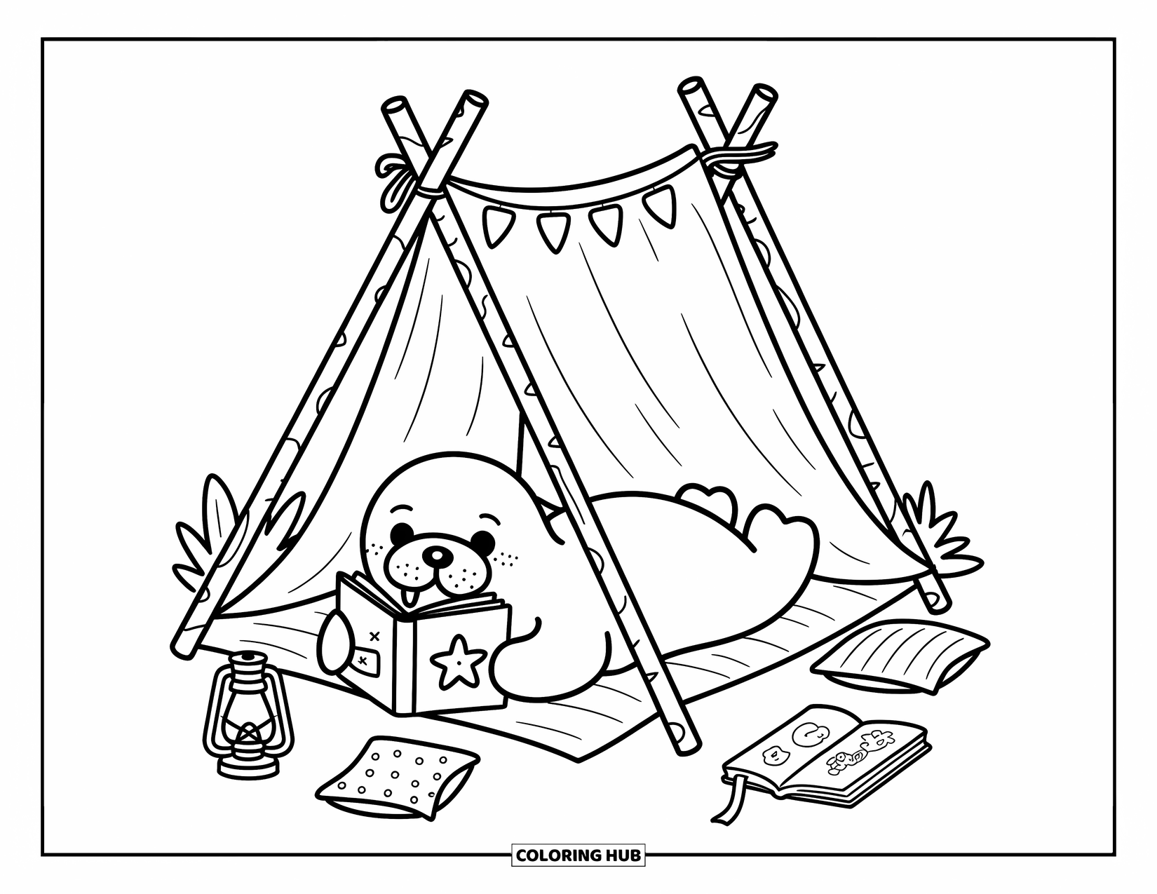 Walrus Coloring Page for Adults: Walrus reads in a blanket tent surrounded by pillows, lantern, and doodles