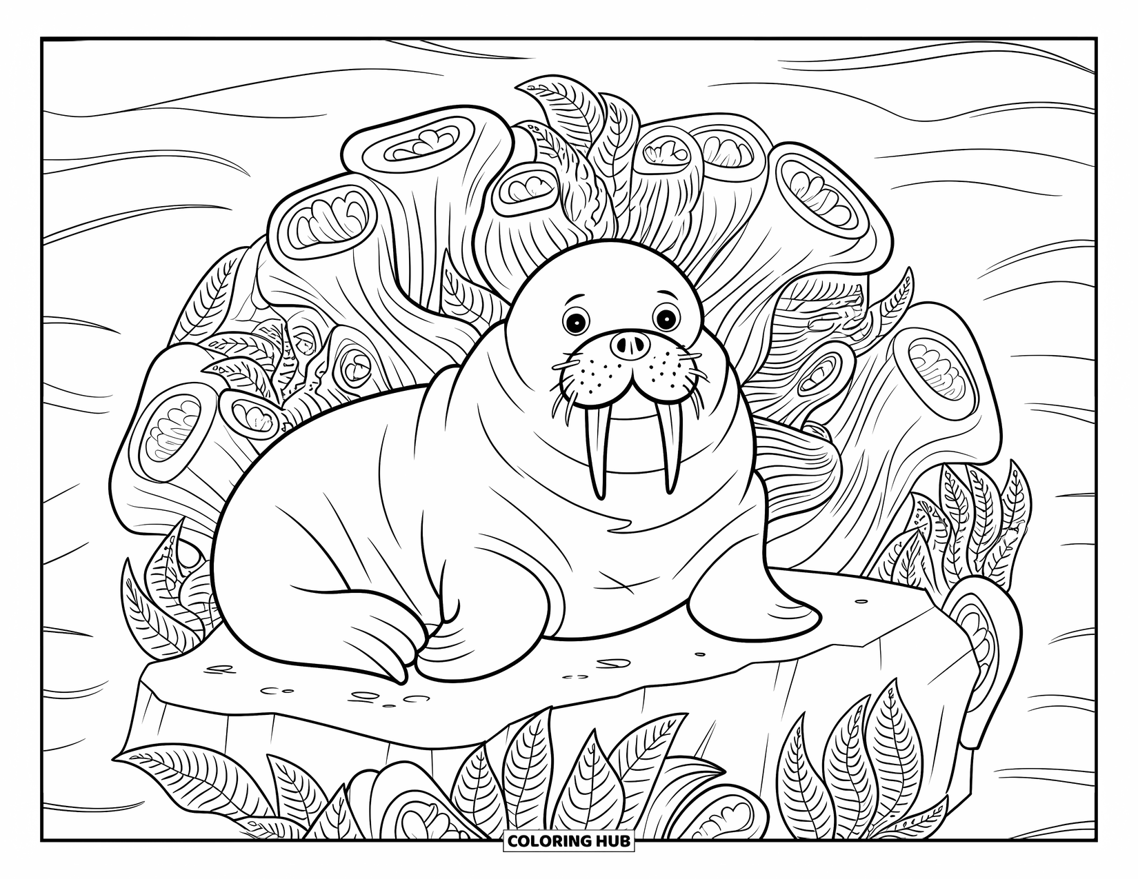 Walrus Coloring Page for Adults: Walrus relaxes on a rock surrounded by anemones and underwater leaves