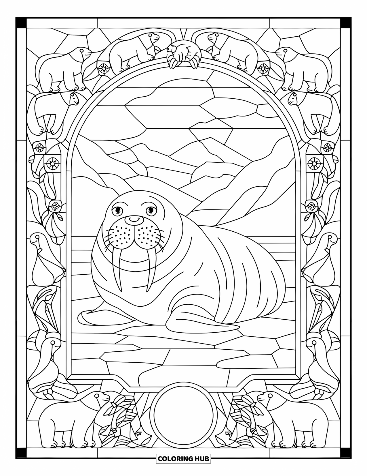 Walrus Coloring Page for Adults: Walrus rests inside an arctic-themed frame filled with animals and snow