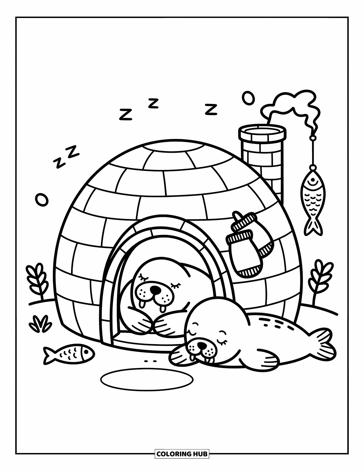 Walrus Coloring Page for Adults: Walrus snoozes beside an igloo as a seal pup sleeps and wind chime sways