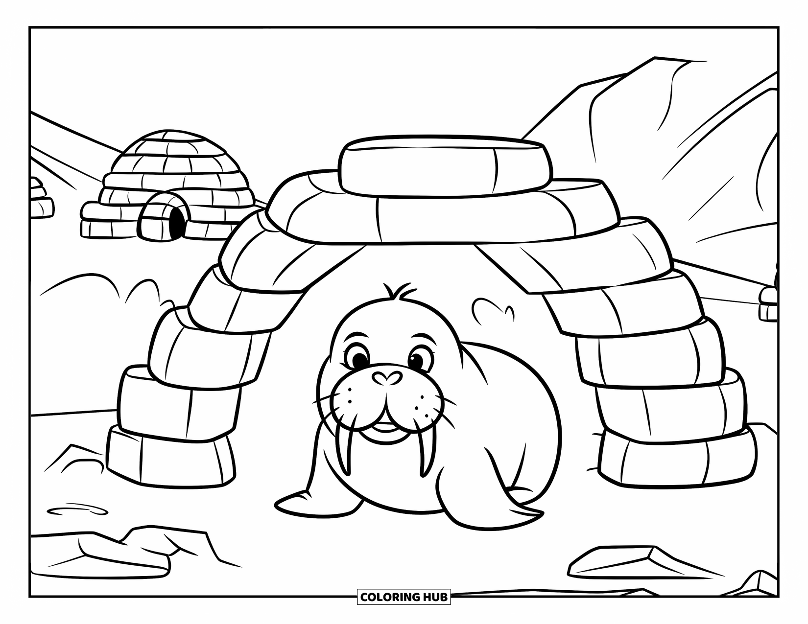 Walrus Coloring Page for Kids: Baby walrus under a small igloo surrounded by snowy mountains