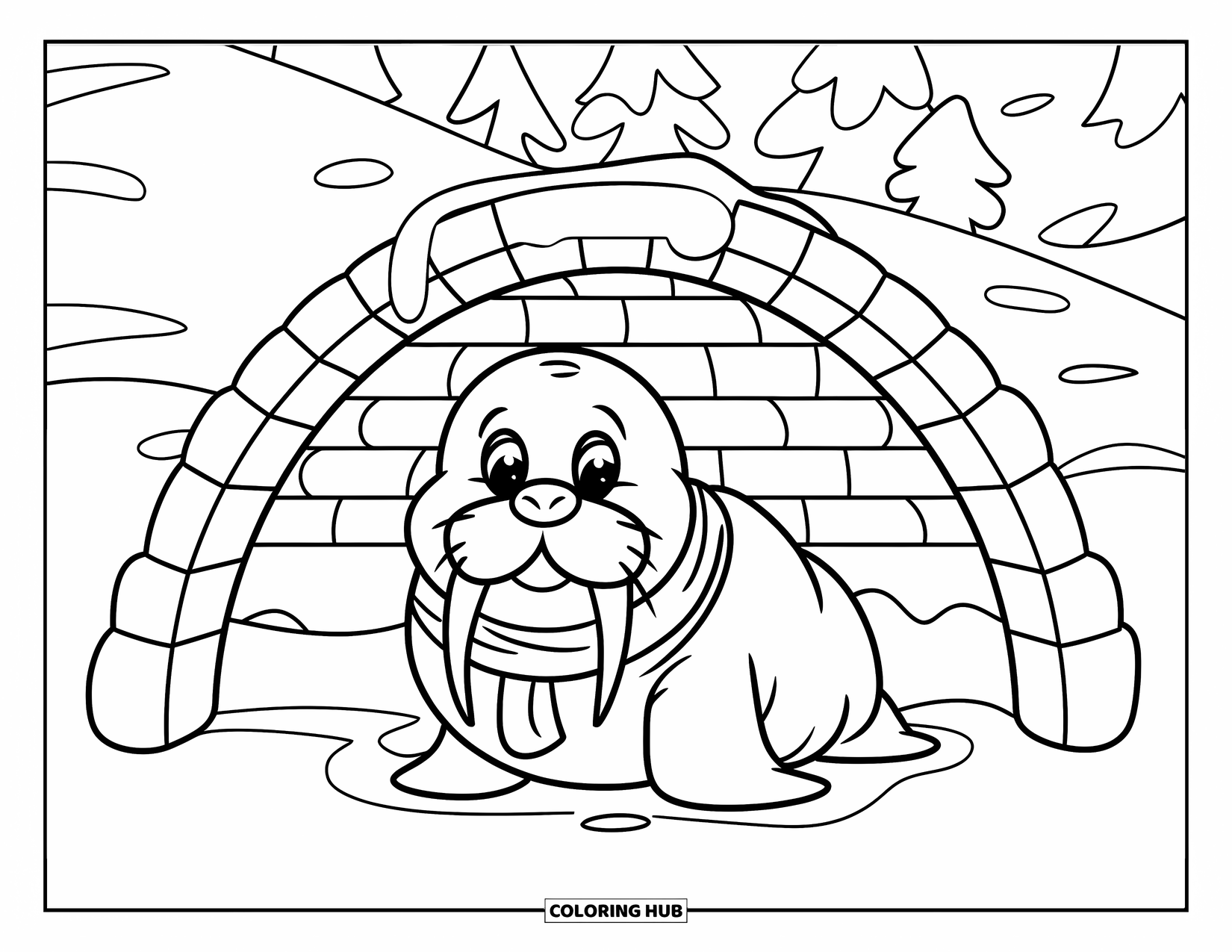 Walrus Coloring Page for Kids: Baby walrus with a Santa beard sits under a snowy igloo
