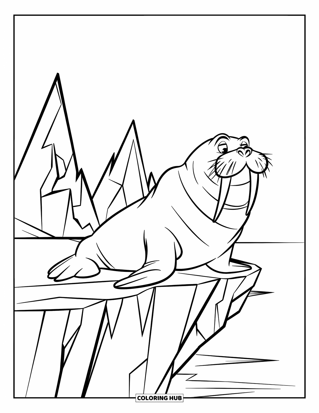 Walrus Coloring Page for Kids: Calm walrus resting on a rocky cliff with sharp icy peaks