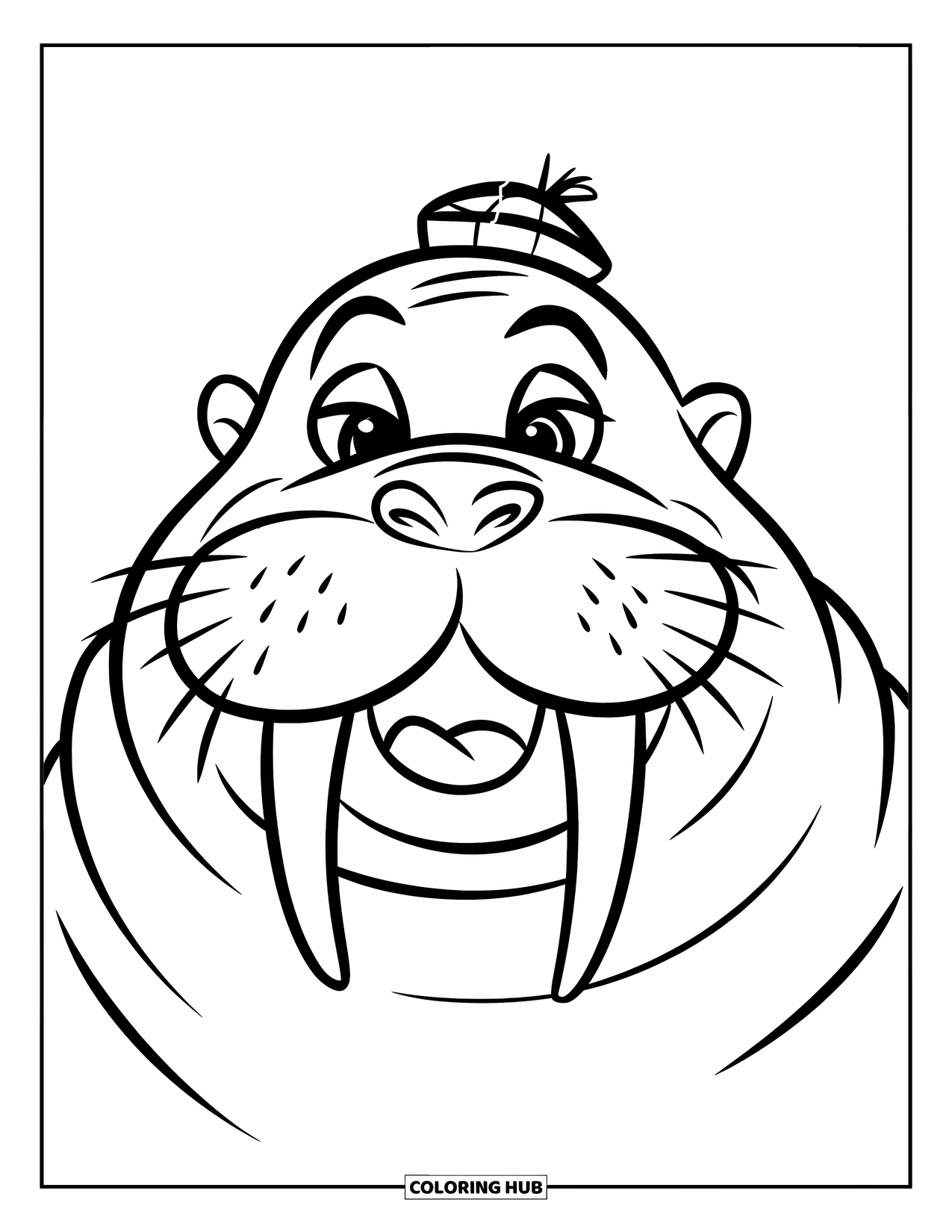 Walrus Coloring Page for Kids: Grinning walrus wearing a little hat with closed eyes