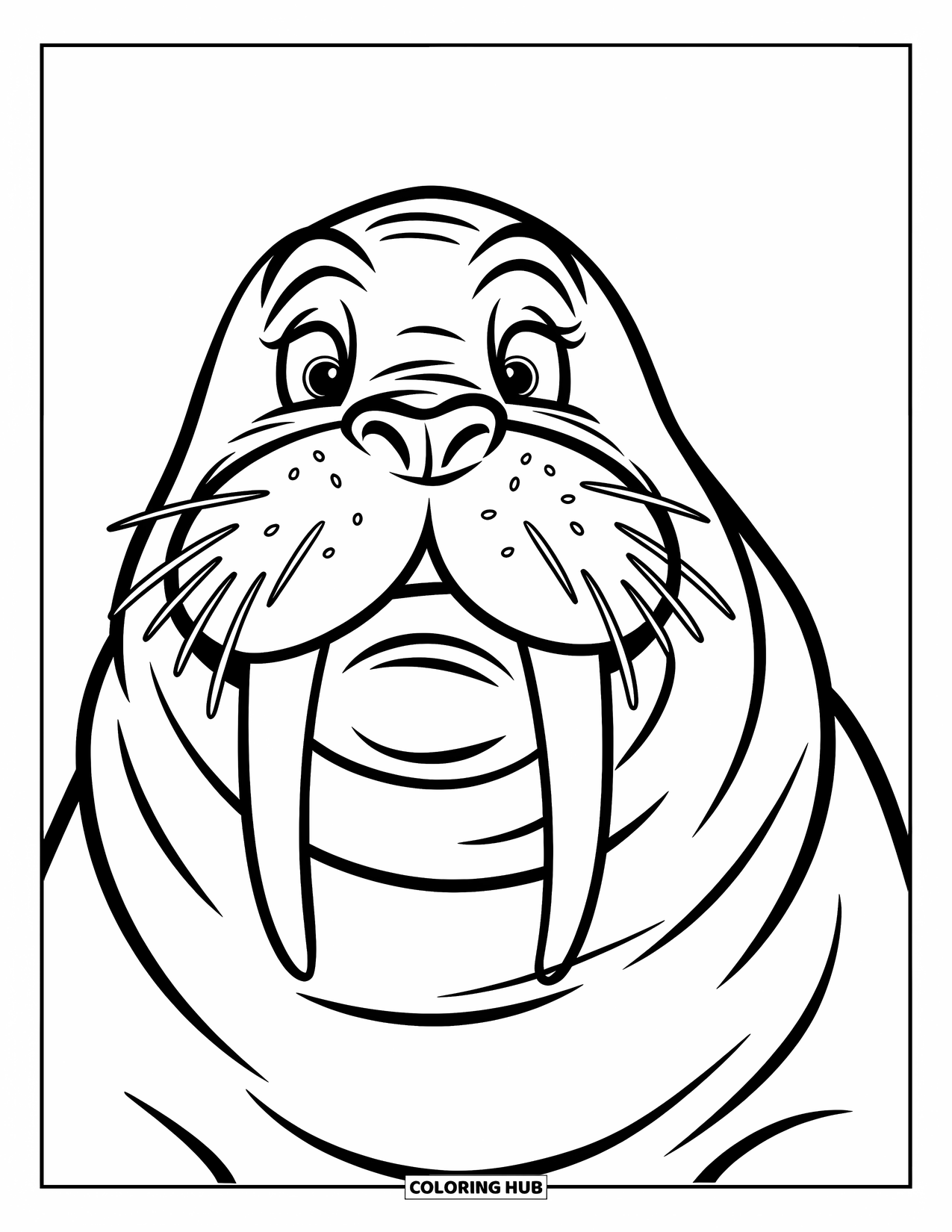 Walrus Coloring Page for Kids: Happy walrus face with big tusks and closed eyes