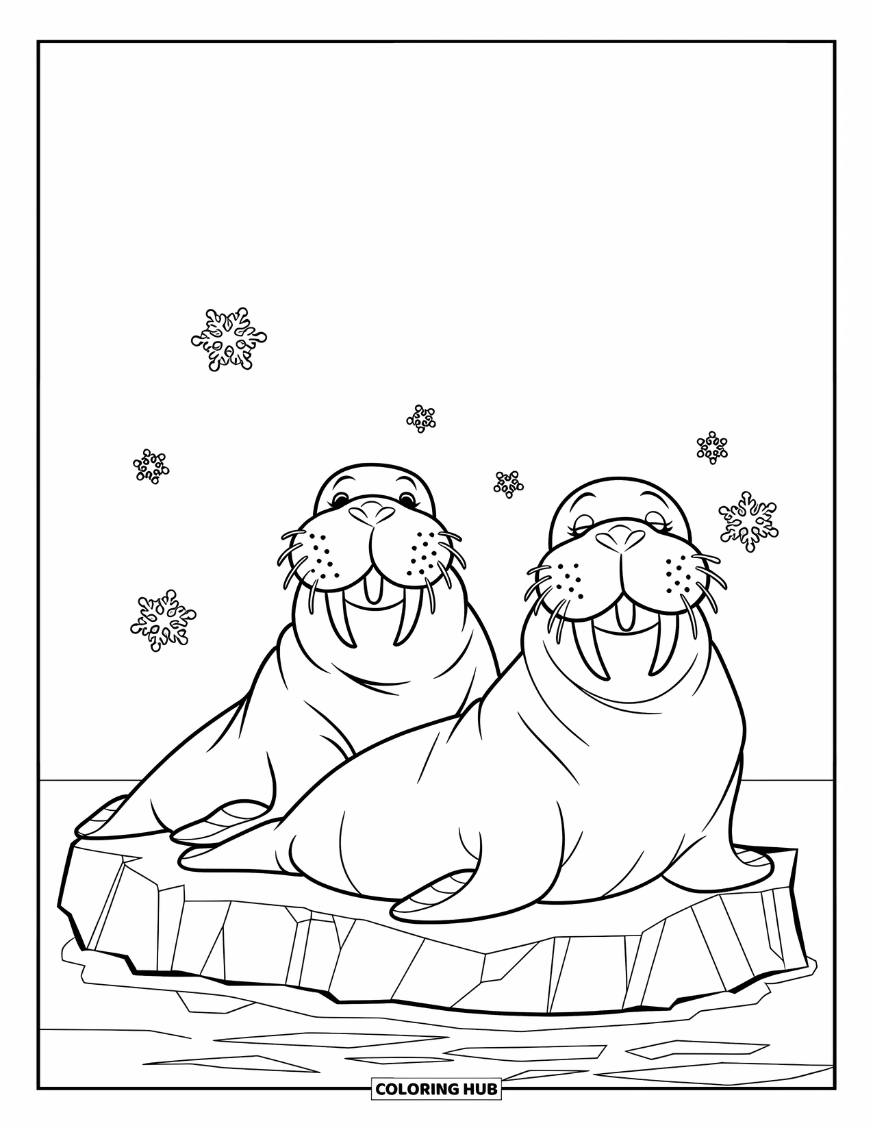 Walrus Coloring Page for Kids: Peaceful walruses sunbathe on an iceberg under falling snow