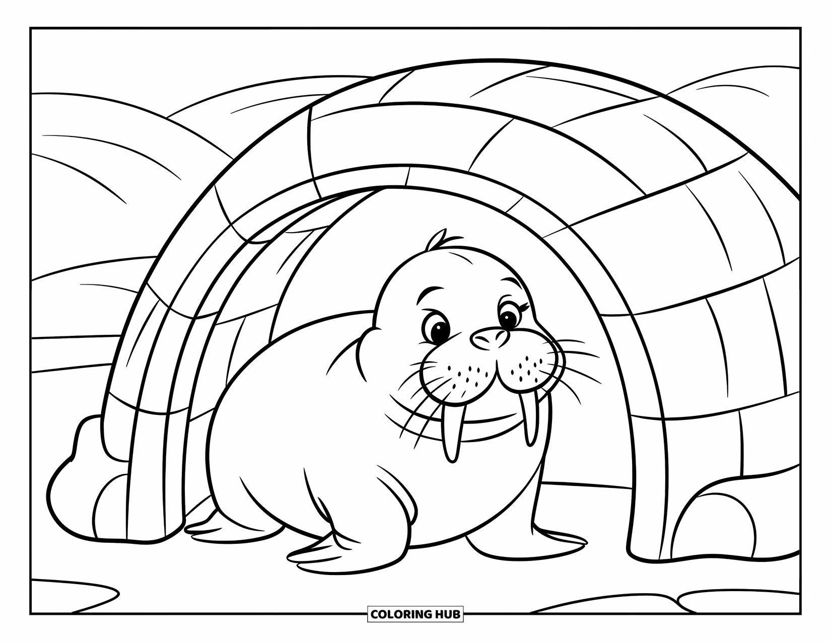 Walrus Coloring Page for Kids: Round baby walrus rests beneath a small igloo in a snowy field