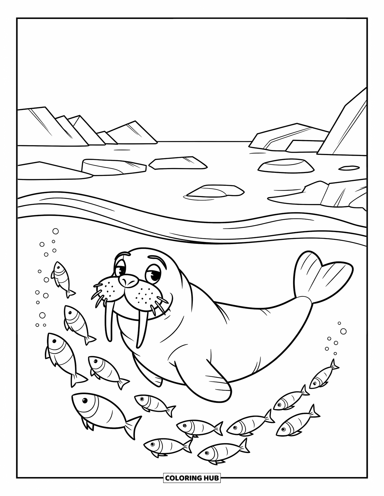 Walrus Coloring Page for Kids: Smiling walrus and swimming fish glide through a calm arctic scene