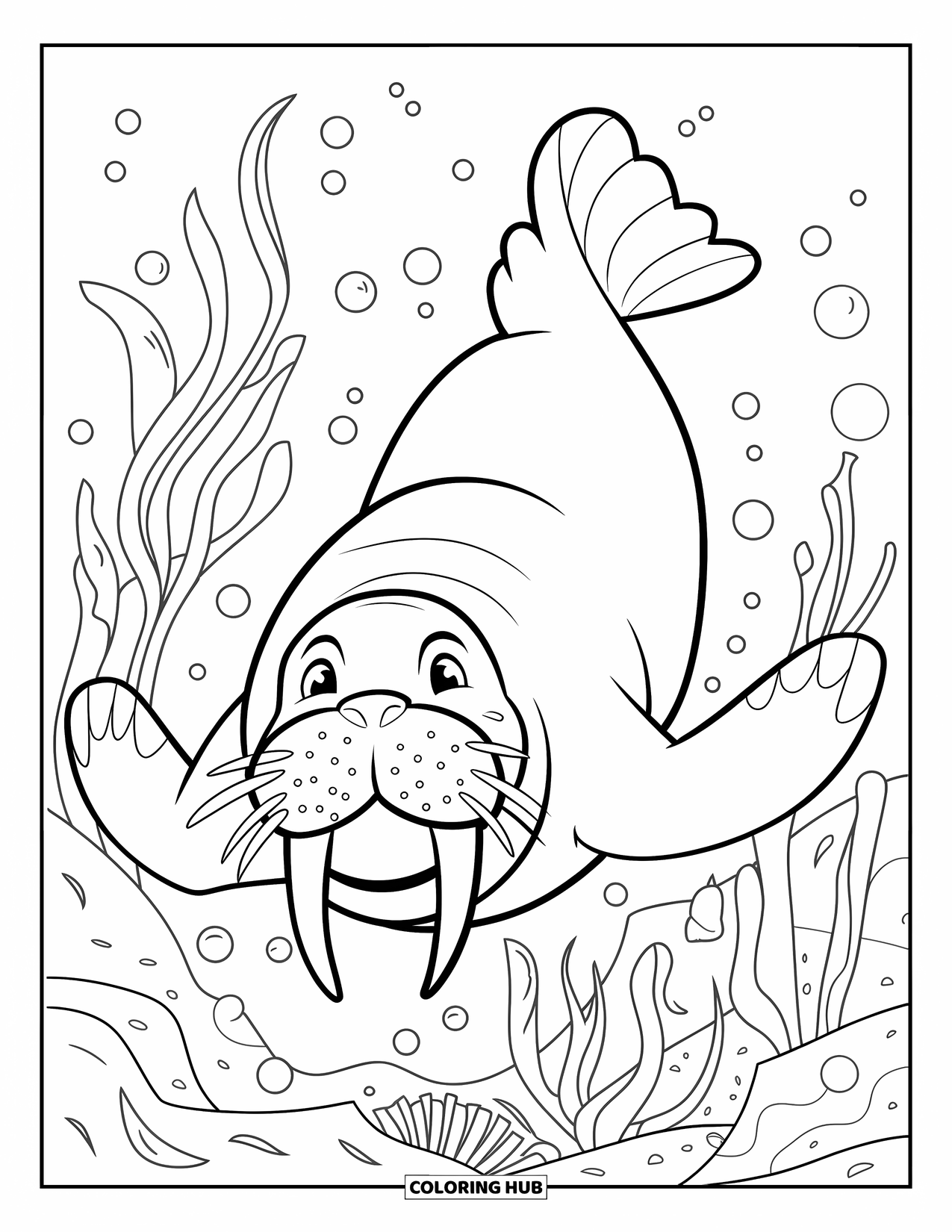 Walrus Coloring Page for Kids: Smiling walrus dives underwater with seaweed and bubbles around