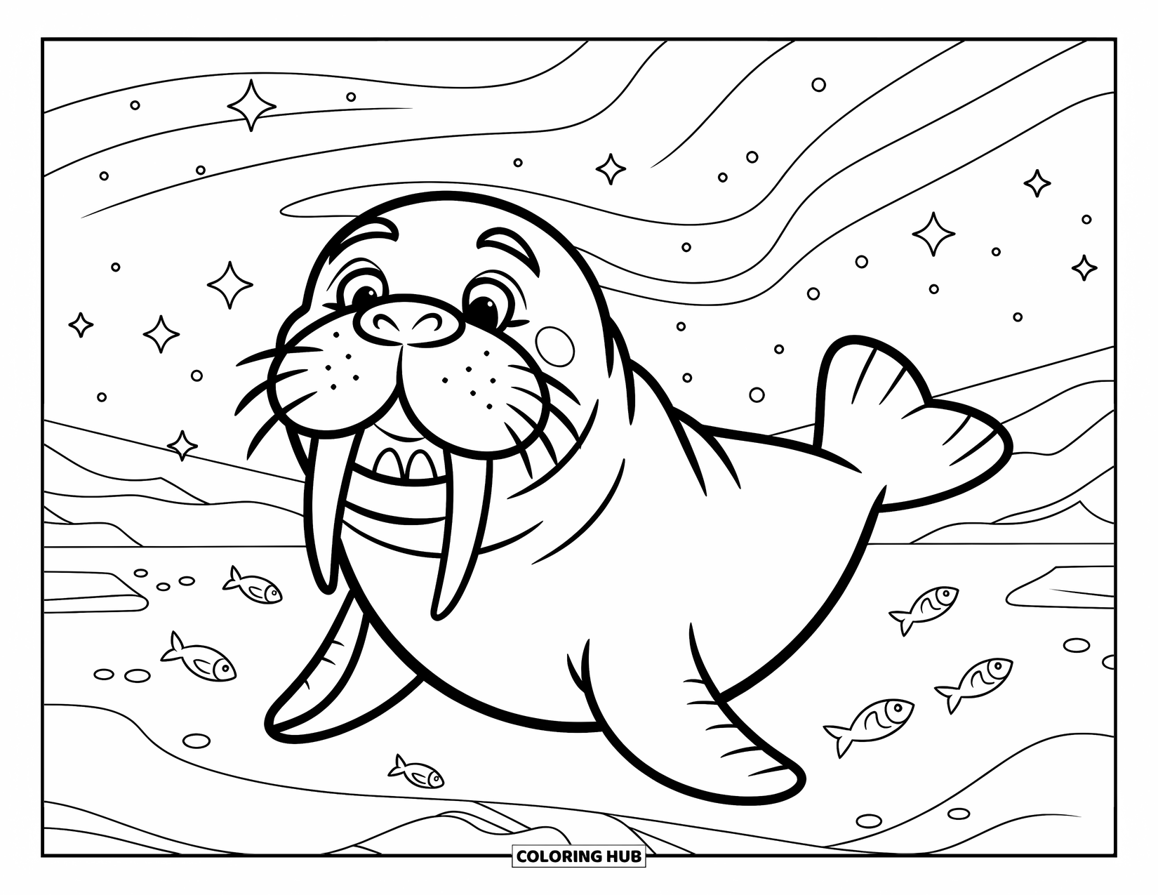 Walrus Coloring Page for Kids: Smiling walrus swims with fish beneath a sky full of northern lights