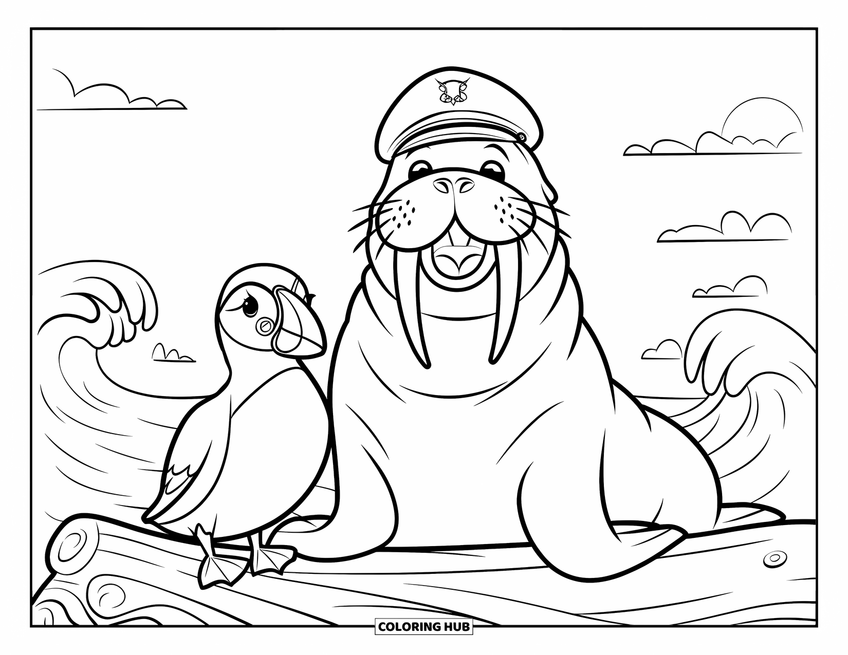 Walrus Coloring Page for Kids: Walrus and puffin sit together on driftwood with waves and sunset