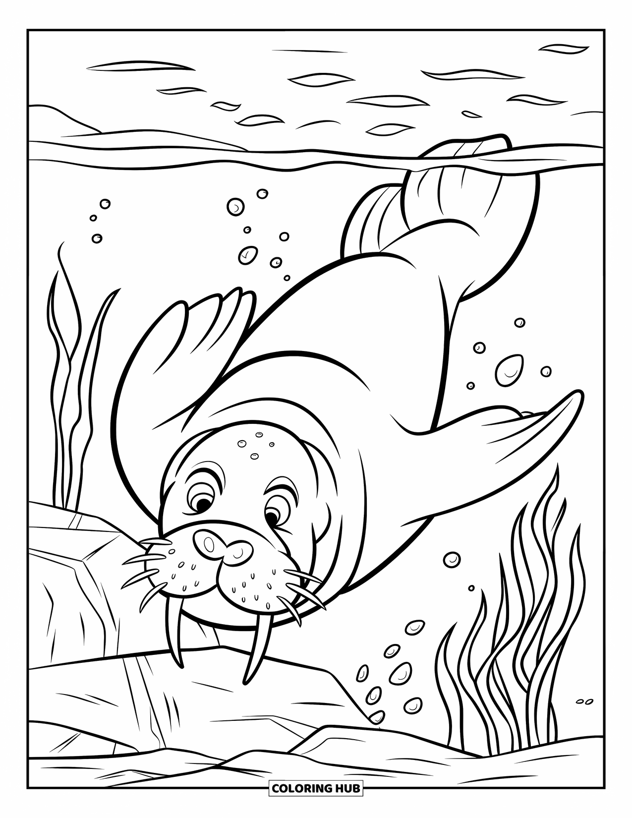Walrus Coloring Page for Kids: Walrus diving deep underwater through seaweed and rocks