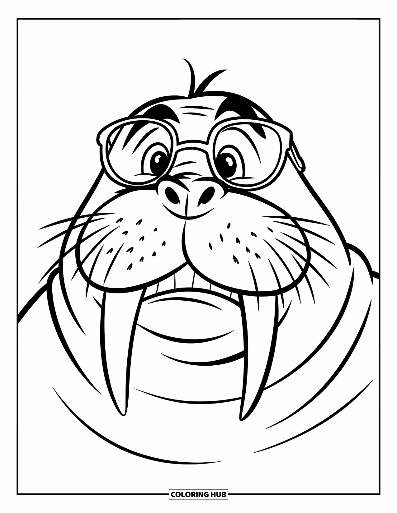 Walrus Coloring Page for Kids: Walrus face close-up with glasses and a wise look