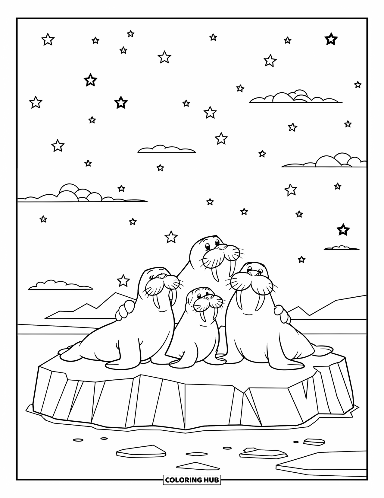 Walrus Coloring Page for Kids: Walrus family gazing at the stars while sitting on a quiet iceberg