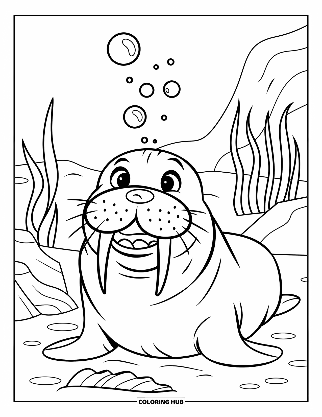 Walrus Coloring Page for Kids: Walrus happily blowing bubbles near rocks and seaweed
