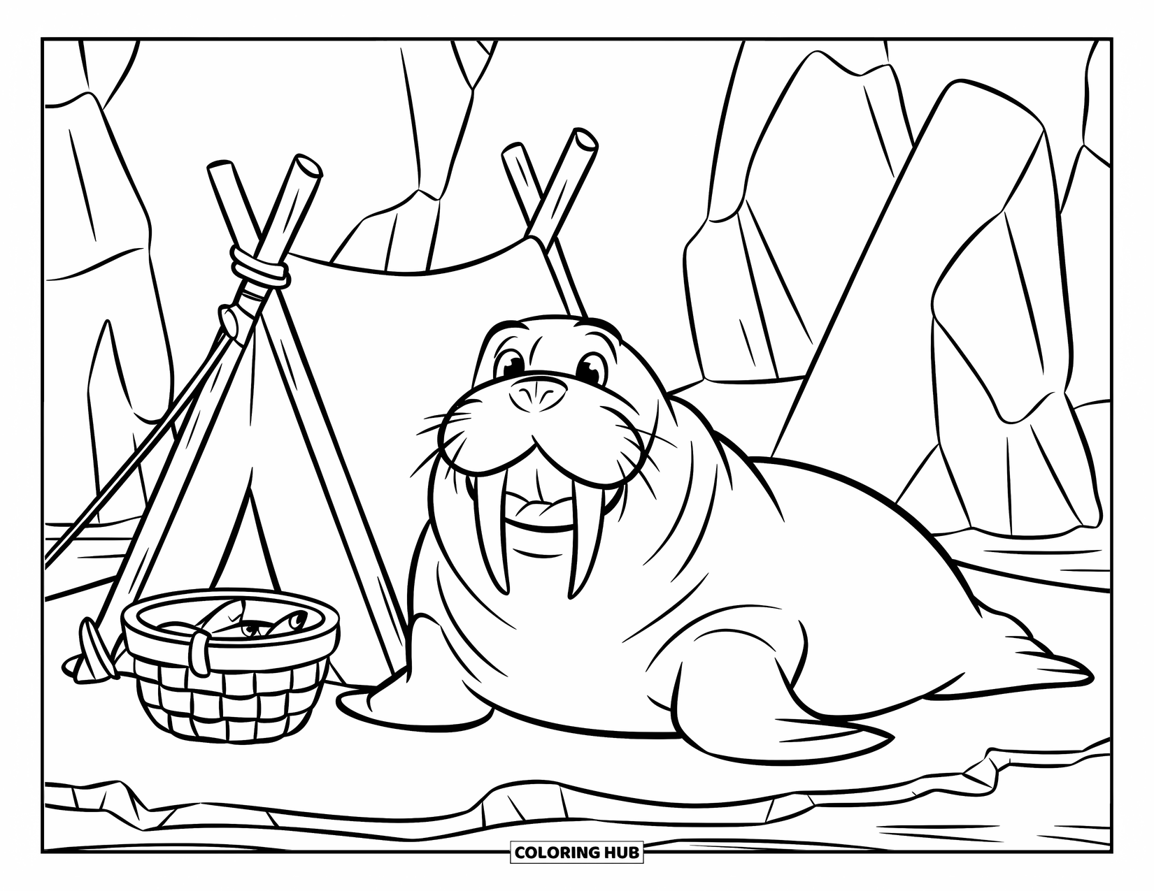 Walrus Coloring Page for Kids: Walrus in a sweater resting near a tent and fish basket