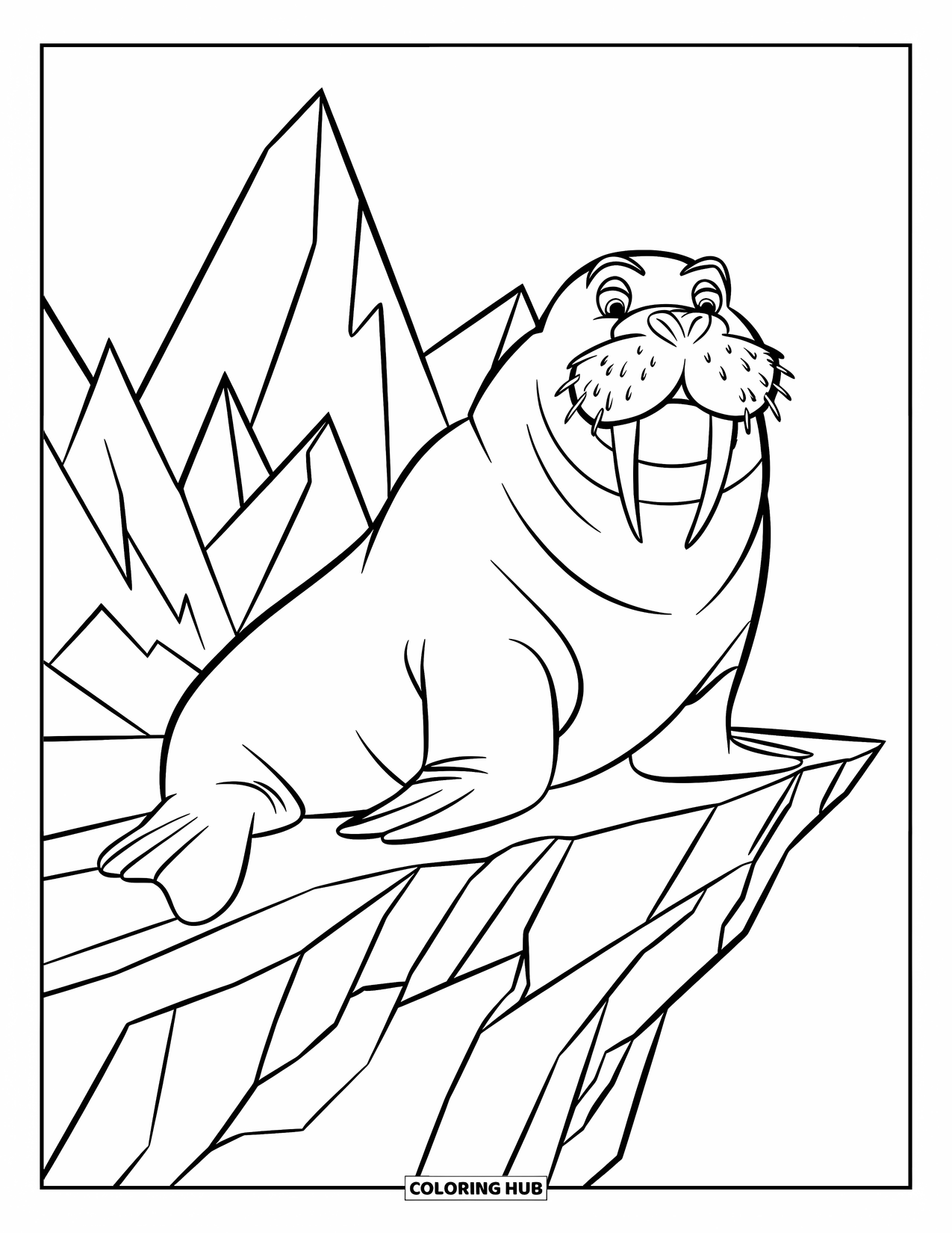 Walrus Coloring Page for Kids: Walrus sitting proudly on a cliff with icy peaks behind