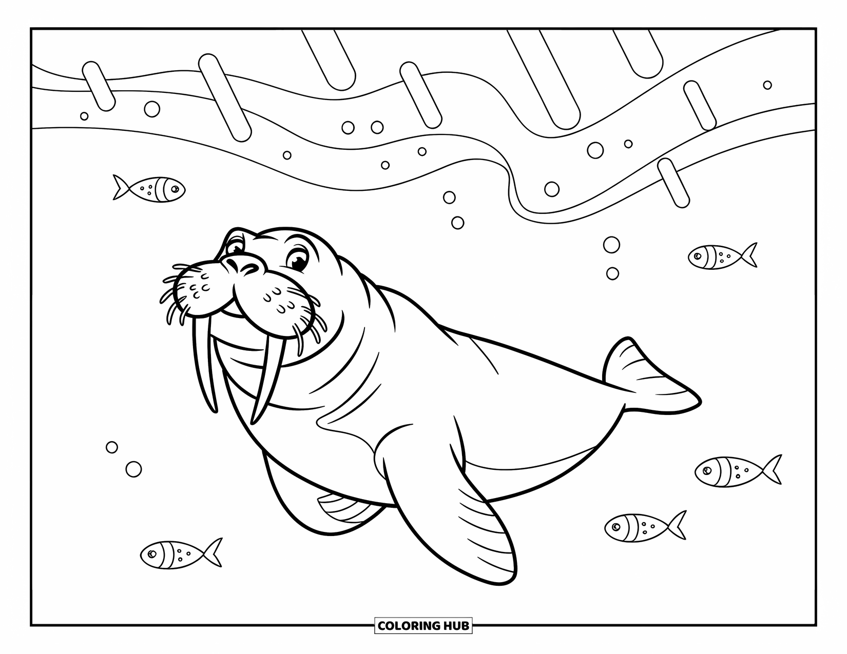 Walrus Coloring Page for Kids: Walrus swimming happily under the northern lights with tiny fish