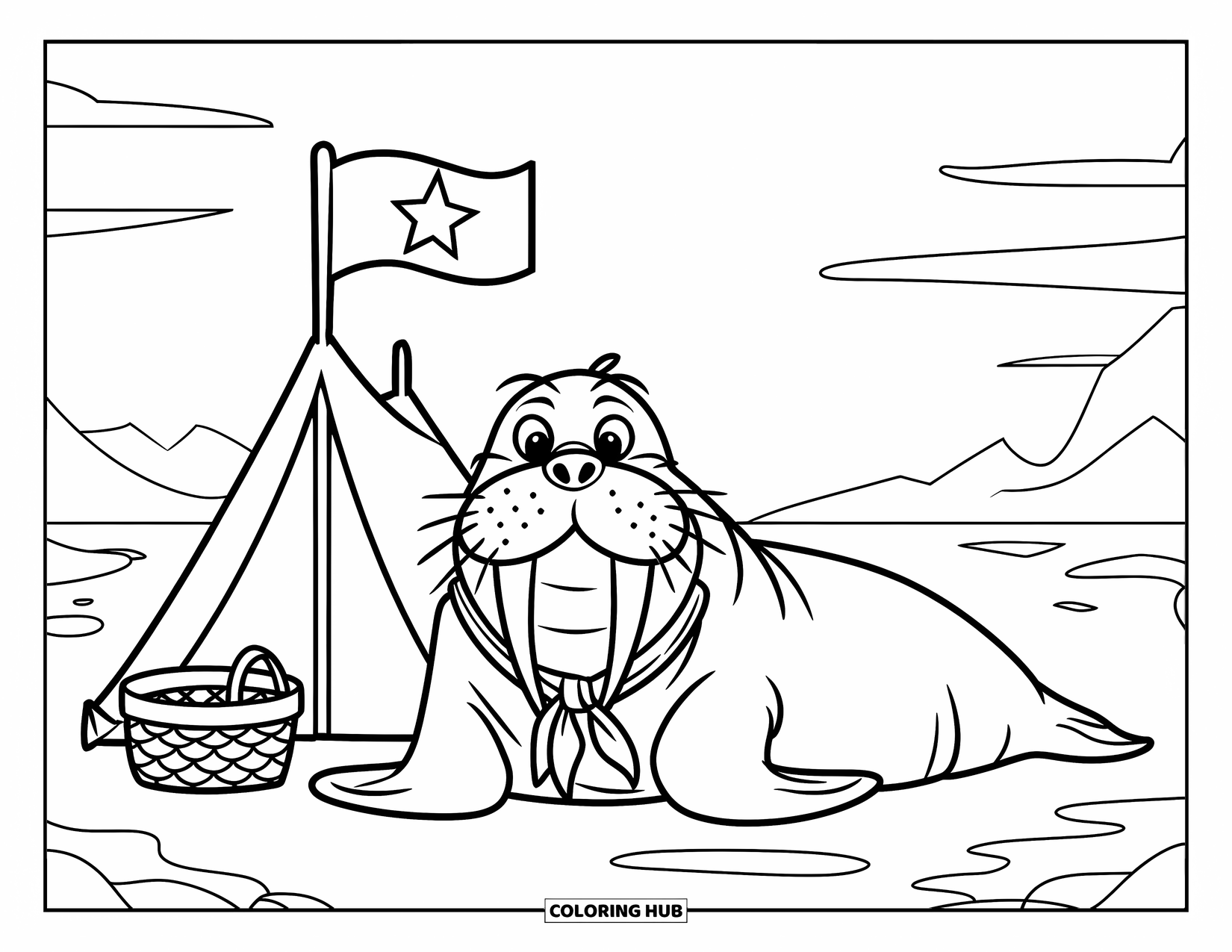 Walrus Coloring Page for Kids: Walrus wearing a scarf, relaxing near a snowy tent and fish