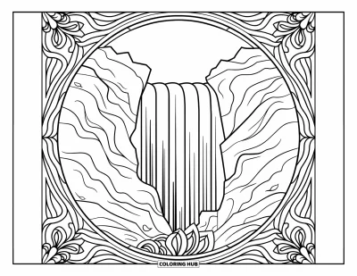 Coloriage de cascade pour adultes : Une cascade audacieuse traverse la roche, entourée de mandalas floraux et de bordures ornées