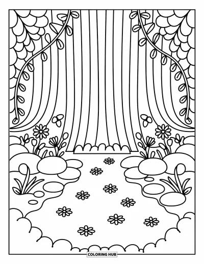 Coloriage de cascade pour adultes : Une cascade féerique se cache derrière des lianes et des pétales avec des spirales et des contours nuageux