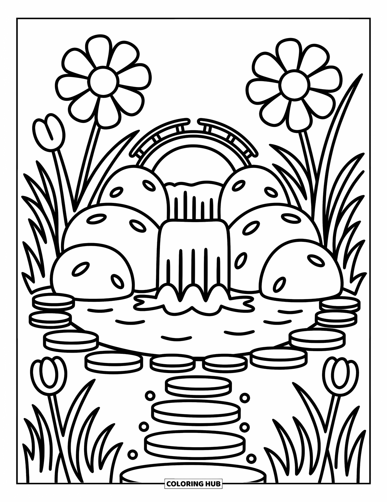 Waterfall Coloring Page for Adults: A gentle waterfall flows into a small pond surrounded by flowers and stepping stones