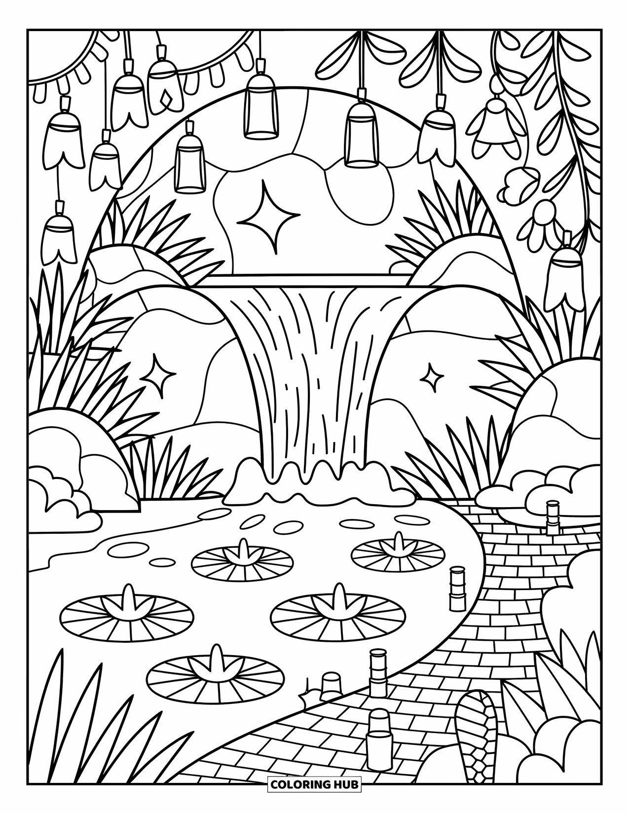 Waterfall Coloring Page for Adults: A glowing waterfall flows beside star lilies, tiny lanterns, and curved flower bells