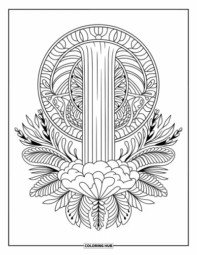 Coloriage de cascade pour adultes : Une cascade gracieuse trône au centre d'un mandala botanique circulaire