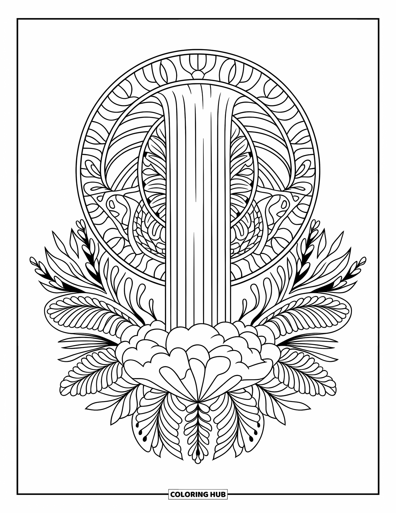 Waterfall Coloring Page for Adults: A graceful waterfall stands at the center of a circular botanical mandala