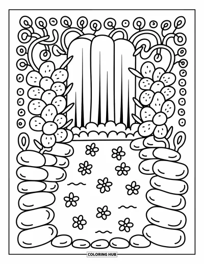 Coloriage de cascade pour adultes : Une cascade cachée coule derrière des fleurs et des lianes suspendues vers un rivage festonné et onirique