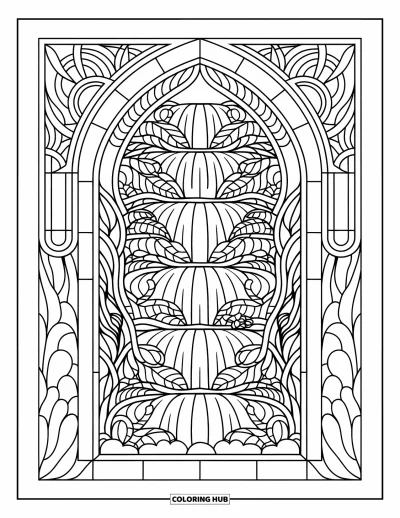 Coloriage de cascade pour adultes : Une cascade de jungle dévale des lianes et des feuilles dans un arc style vitrail