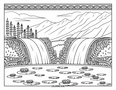 Coloriage de cascade pour adultes : Deux cascades paisibles se déversent dans un étang encadré d'arbres, de lis et de montagnes