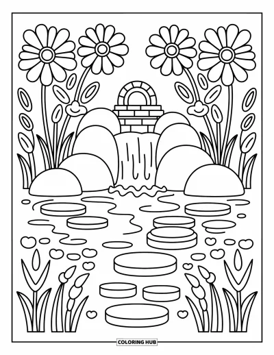 Coloriage de cascade pour adultes : Un ruisseau paisible coule parmi des herbes en spirale, des fleurs et un petit pont au-dessus de la chute