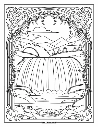 Coloriage de cascade pour adultes : Une cascade rocheuse coule sous une bordure de pétales, de lianes et de plantes style vitrail