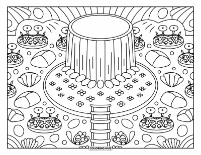 Coloriage de cascade pour adultes : Un havre de cascade circulaire avec de doux pétales et des mini ponts forme une scène de jardin enchanteur