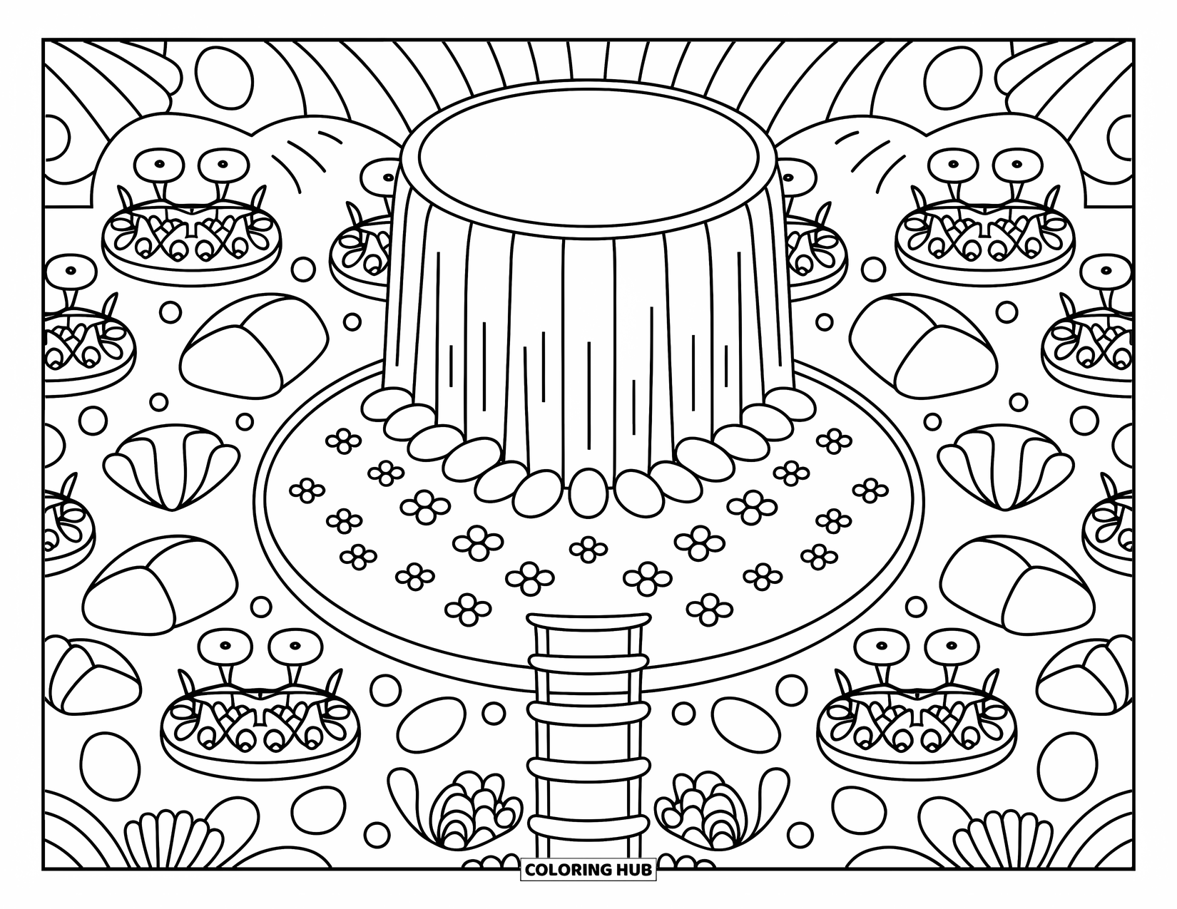 Waterfall Coloring Page for Adults: A round waterfall oasis with soft petals and mini bridges forms a peaceful garden scene