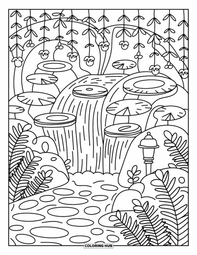 Coloriage de cascade pour adultes : Une douce cascade ruisselle sur des rochers lumineux, avec des nénuphars étoilés et des clochettes florales