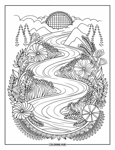 Coloriage de cascade pour adultes : Une cascade en spirale coule parmi des fleurs sauvages, des fougères et un délicat motif de mandala