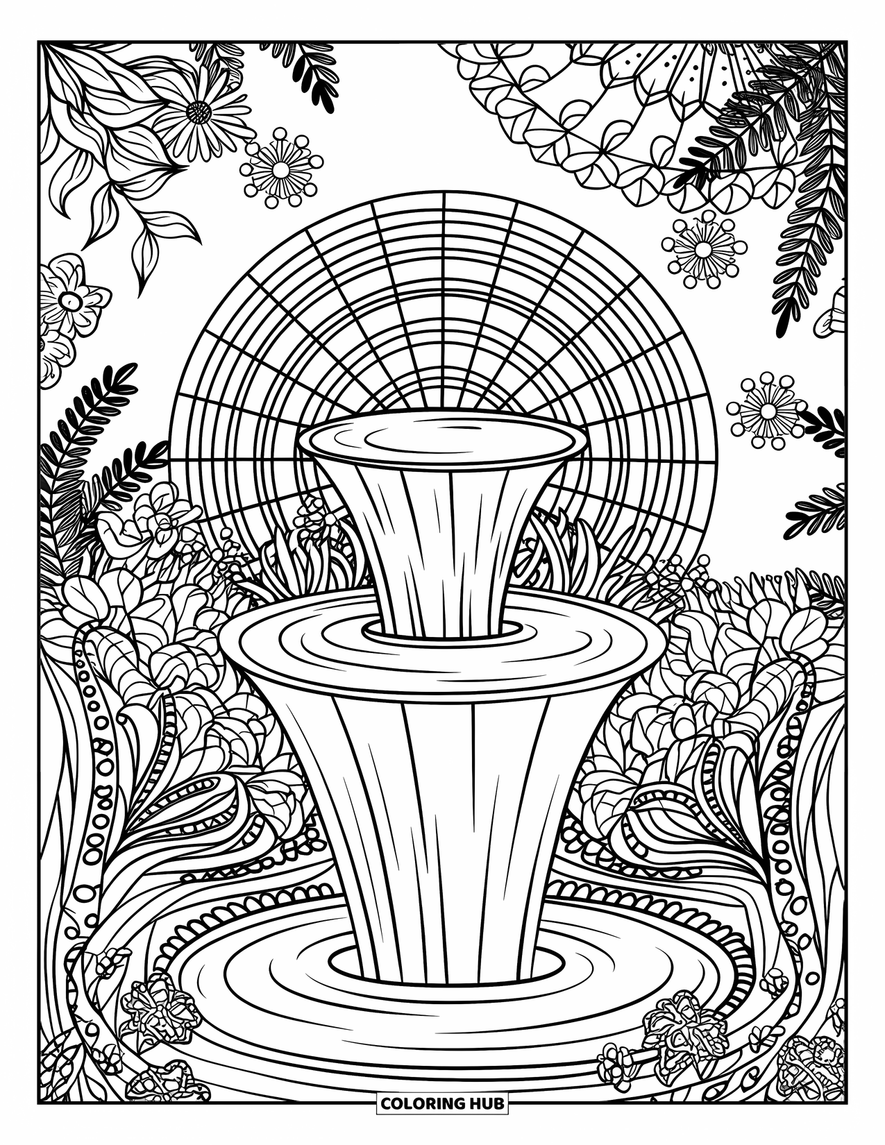 Waterfall Coloring Page for Adults: A spiral waterfall is wrapped in ferns, wildflowers, and a gentle mandala grid