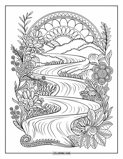 Coloriage de cascade pour adultes : Une cascade en spirale serpente parmi des fleurs et des fougères dans un mandala détaillé