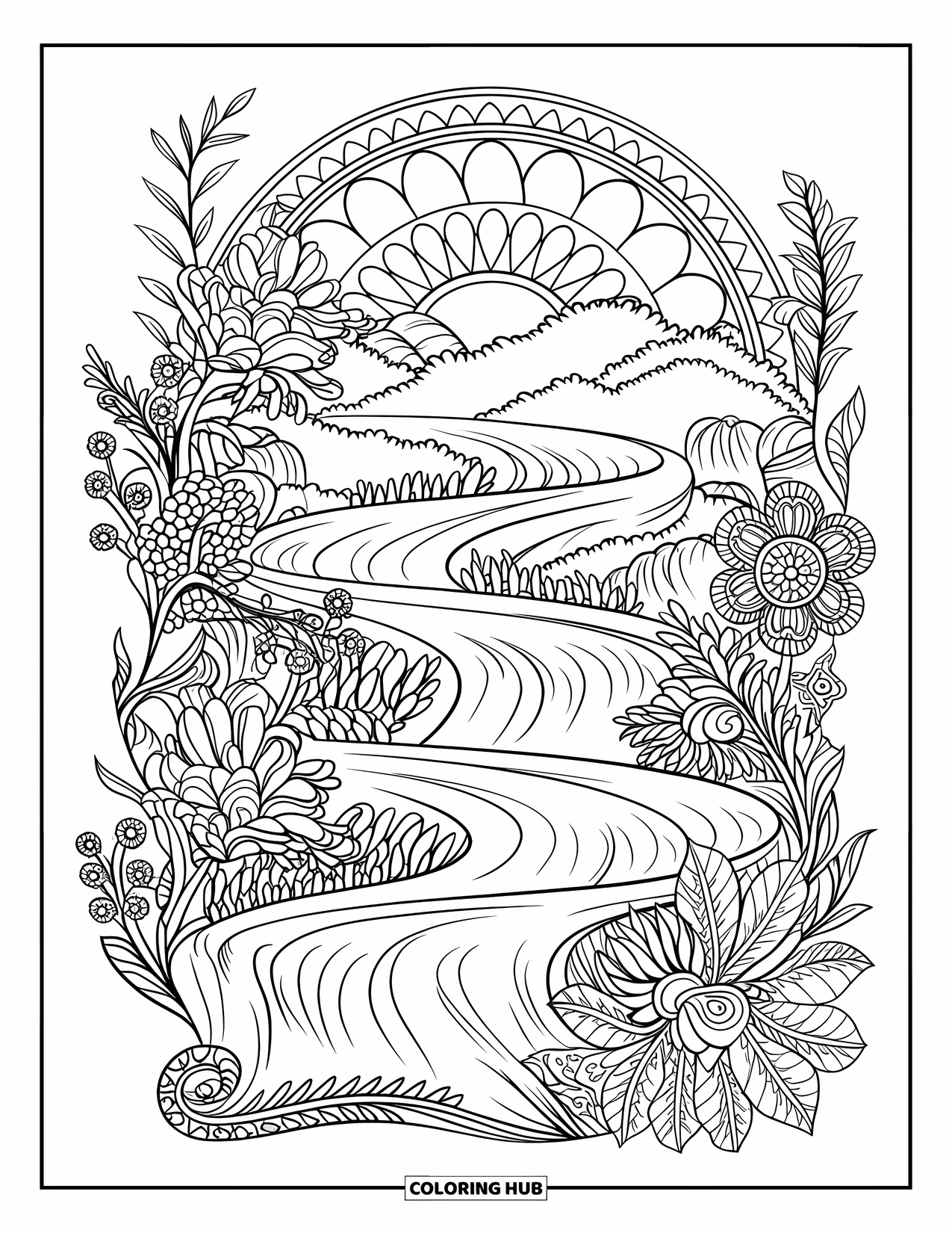 Waterfall Coloring Page for Adults: A spiral waterfall weaves through flowers and ferns within a detailed mandala grid
