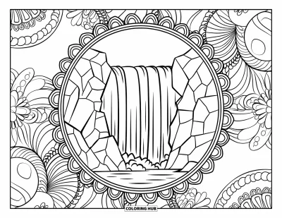 Coloriage de cascade pour adultes : Une grande cascade creuse les rochers, entourée de mandalas floraux et de motifs tourbillonnants