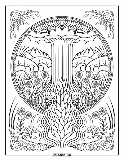 Coloriage de cascade pour adultes : Une grande cascade coule dans un mandala de fleurs et de feuilles, encadrée par des montagnes