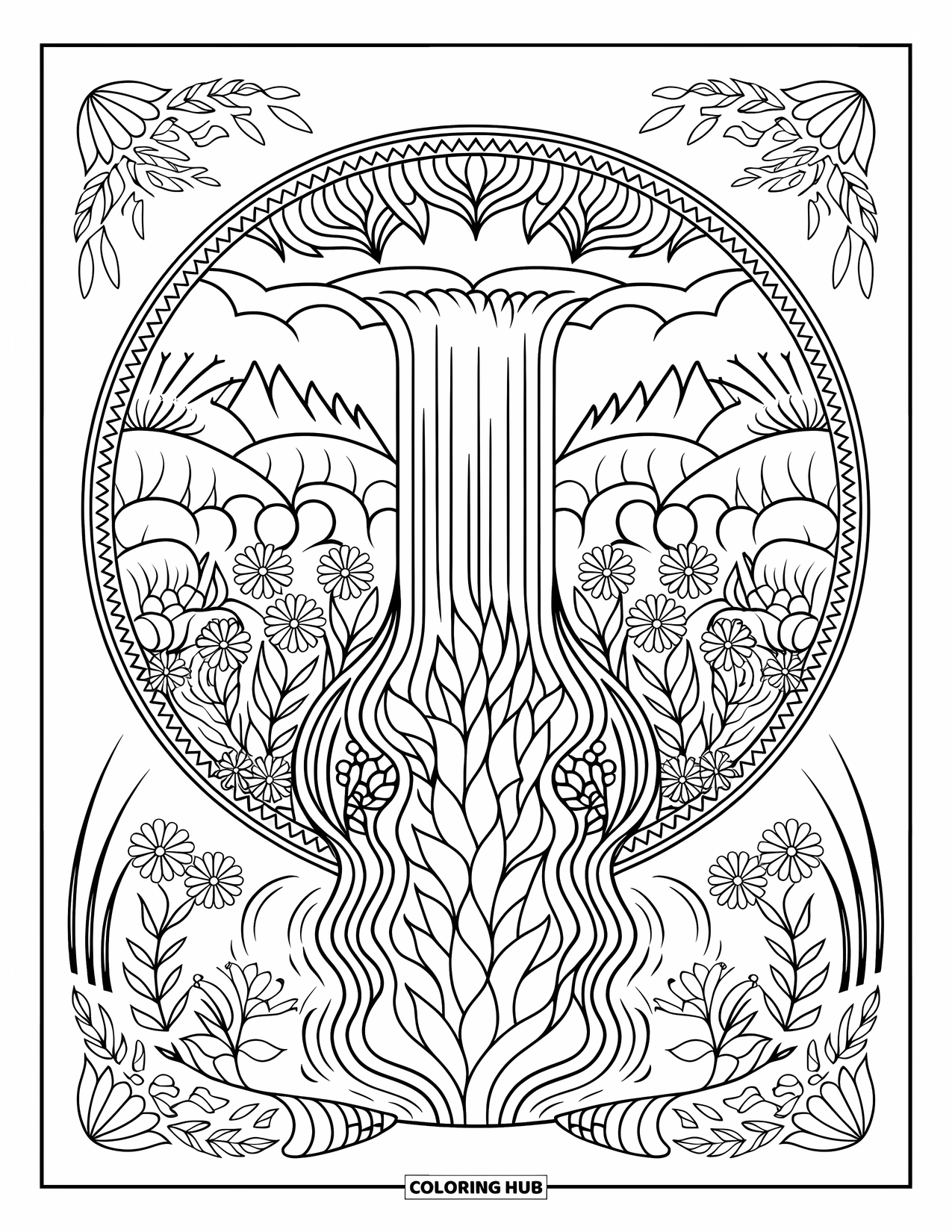 Waterfall Coloring Page for Adults: A tall waterfall flows within a mandala of flowers and leaves, framed by mountains