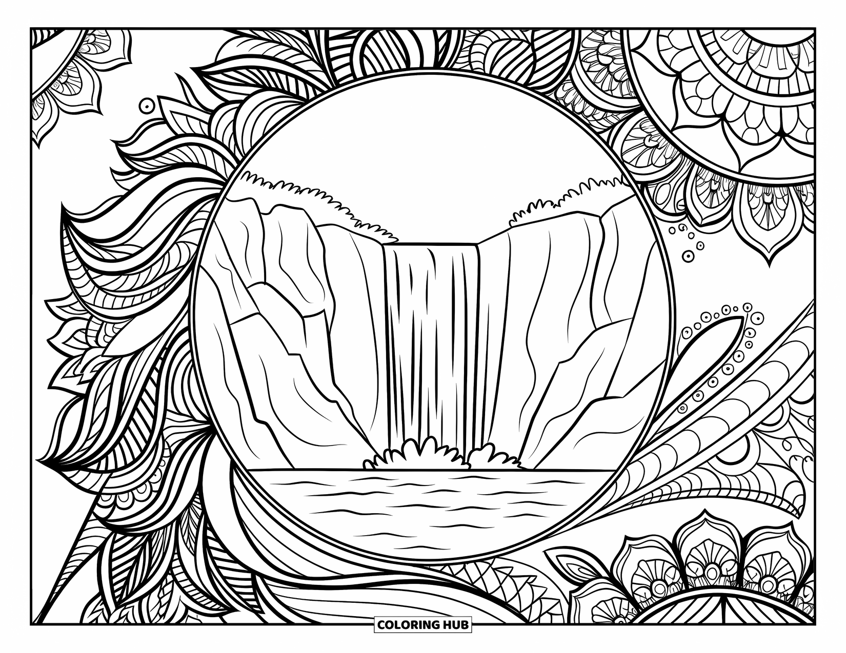 Waterfall Coloring Page for Adults: A vertical waterfall slices through rocks, surrounded by detailed floral mandala patterns