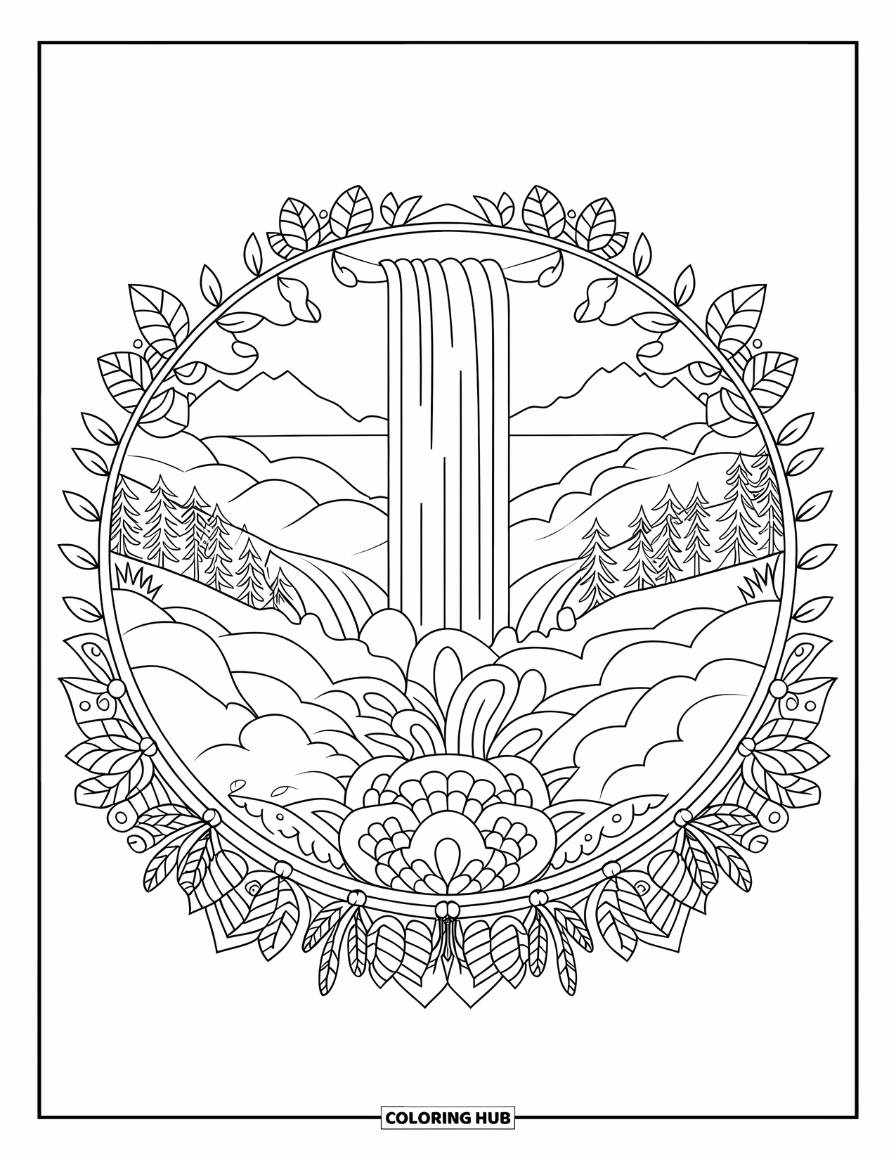 Waterfall Coloring Page for Adults: A waterfall cascades through a floral mandala, surrounded by mountains and trees