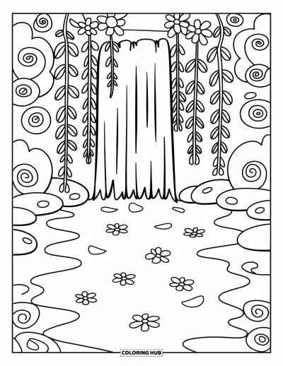 Coloriage de cascade pour adultes : Des lianes en rideau et des pétales encadrent une cascade tranquille avec des feuilles en spirale et des pierres douces